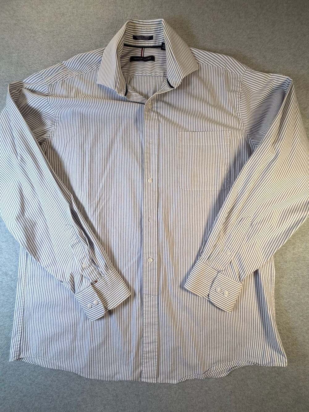 Tommy Hilfiger Striped Dress Shirt Size 16-16.5 36/37 Blue White Stretch